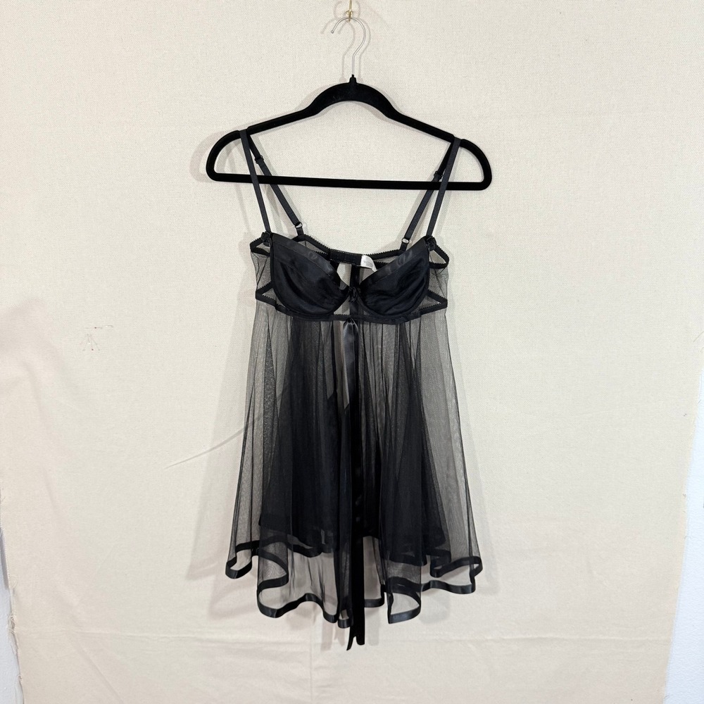 Victorias Secret Black Sheer Mesh Babydoll Lingerie Satin Trim Underwire 36B - Picture 1 of 5